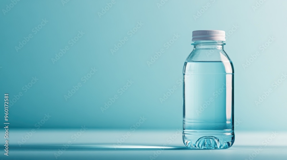 A minimalistic image of a clear plastic bottle of water, showcasing its purity and freshness, set against a serene blue background. Ideal for promoting hydration. A minimalistic image of a clear plastic bottle of water, showcasing its purity and freshness, set against a serene blue background. Ideal for promoting hydration.