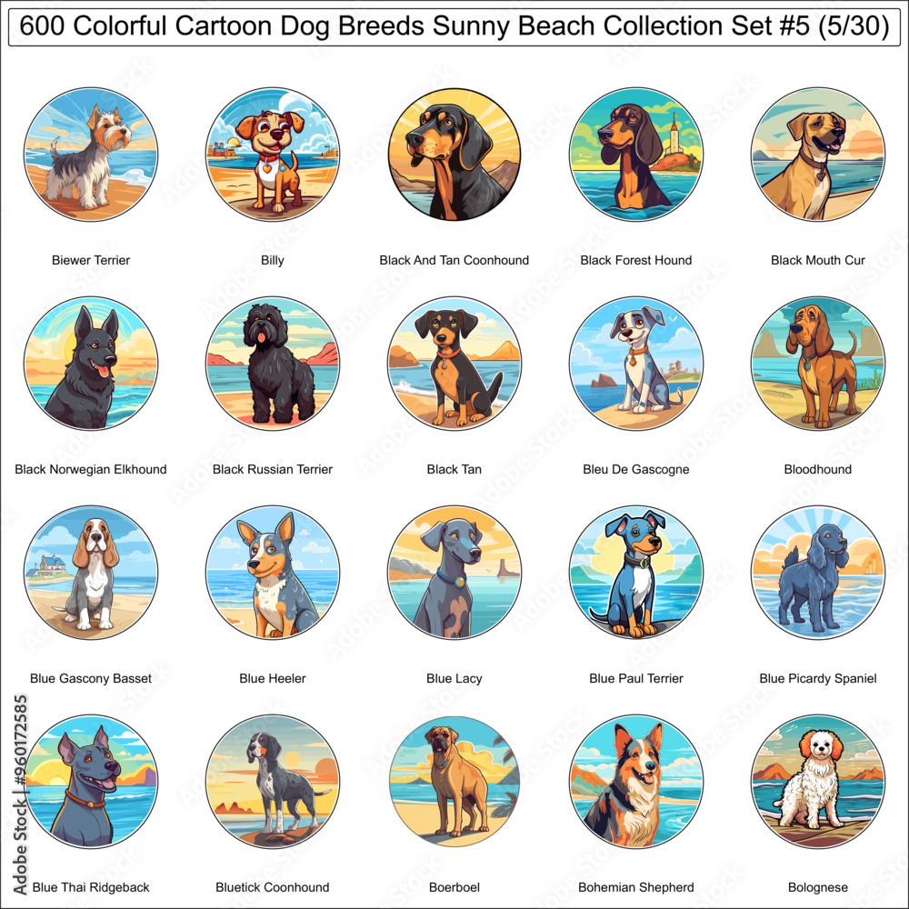 Fototapeta premium Colorful Dog Breeds Cartoon Characters Sunny Beach Bundle Collection Set 5 of 600 Dog Faces Isolated Part 5