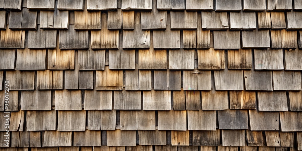 Old and weathered wooden shake shingles on the side of a building, some broken Old and weathered wooden shake shingles on the side of a building, some broken