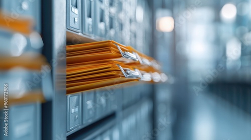 A close-up image of a modern office setting, showing orange files neatly organized in a filing cabinet drawer. The focus is on order and efficiency in office work. photo