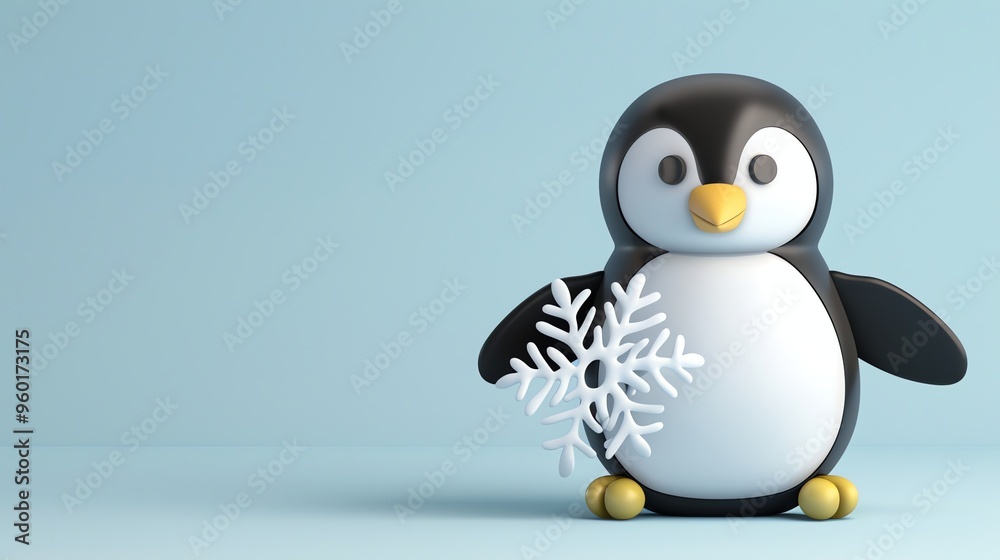 Obraz premium A cartoon penguin holding a snowflake, on a blue background.