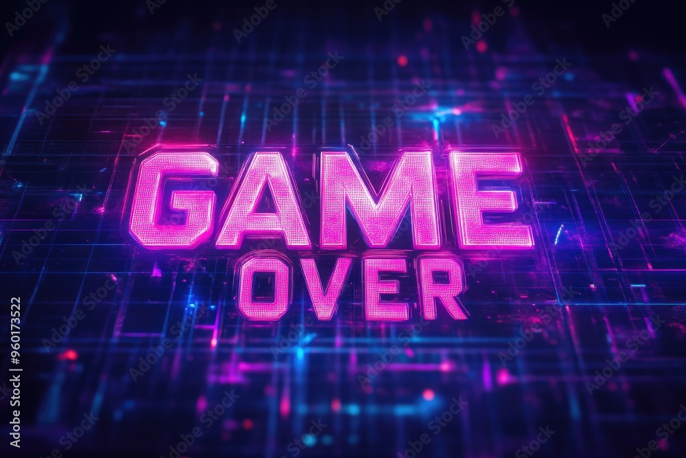 Obraz premium Cyberpunk Glitch Effect: Neon 'GAME OVER' Text on Dark Background