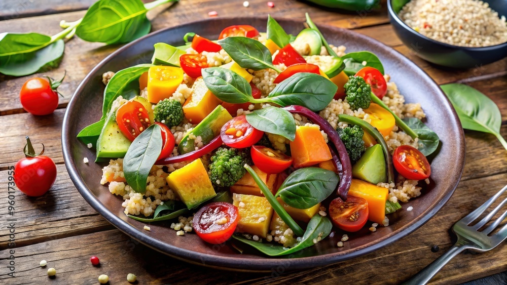 Fresh and nutritious salad with spinach, quinoa, and colorful roasted vegetables
