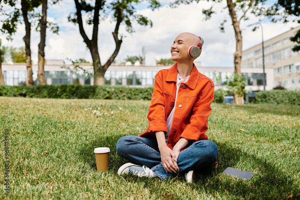 A young bald woman smiles as she relaxes on the grass, listening to music and enjoying coffee. A young bald woman smiles as she relaxes on the grass, listening to music and enjoying coffee.