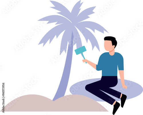 The guy is blogging on the beach.