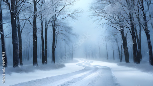 A serene winter forest scene featuring a winding, snow-covered path that disappears into the distance, flanked by towering trees with bare, frost-encrusted branches that stretch towards the sky, their