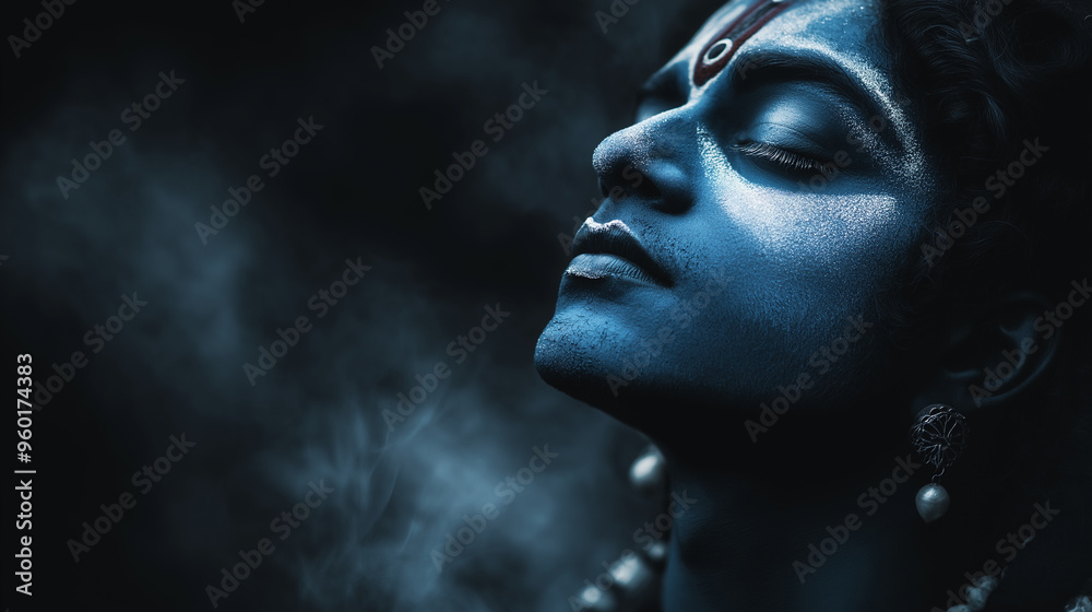 Krishna's divine form glowing against a pitch-black sky, with soft beams of light symbolizing his celestial influence. Krishna's divine form glowing against a pitch-black sky, with soft beams of light symbolizing his celestial influence.