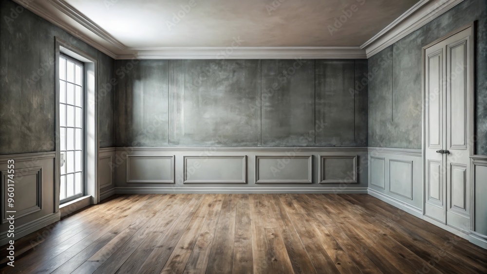 Fototapeta premium Empty vintage room with grey walls, showcasing a sense of nostalgia and emptiness