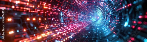 Futuristic tunnel with vibrant lights, showcasing a blend of technology and motion in a mesmerizing digital environment.