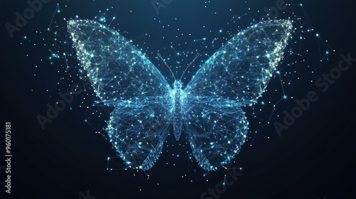 Butterfly made from polygons. Low poly vector depiction with a cosmic or starry theme. The digital design includes lines, dots, and shapes, showcasing a wireframe technology with a light connection st photo