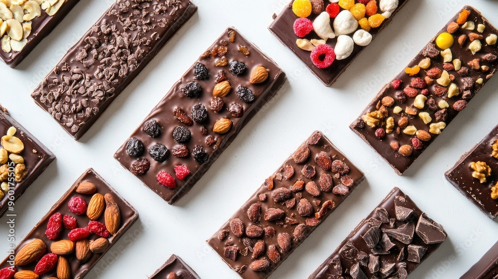 A charming flat lay of different chocolate bars, each with unique toppings like nuts, dried fruits, and colorful candies. A visual delight for chocolate lovers. A charming flat lay of different chocolate bars, each with unique toppings like nuts, dried fruits, and colorful candies. A visual delight for chocolate lovers.