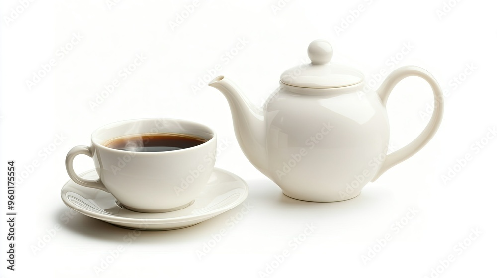 A classic white teapot and cup set filled with hot coffee, with a gentle wisp of steam rising, isolated on a white background. A classic white teapot and cup set filled with hot coffee, with a gentle wisp of steam rising, isolated on a white background.