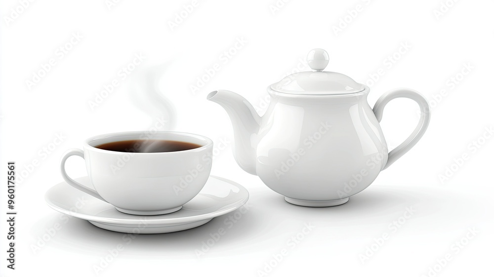 A classic white teapot and cup set filled with hot coffee, with a gentle wisp of steam rising, isolated on a white background.