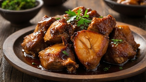 Filipino main dish Adobo isolated on a plate, served exquisitely can be a concept for advertisement background