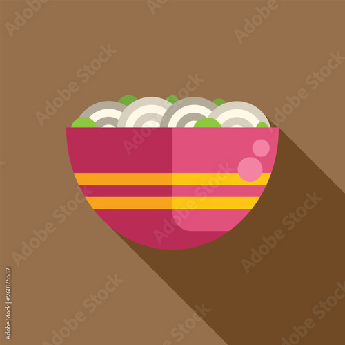 Pink bowl containing noodles with green onions served in flat design style with long shadow