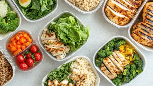 A clean eating spread with various healthy meals, featuring grilled chicken, steamed vegetables, brown rice, and a selection of fresh greens.