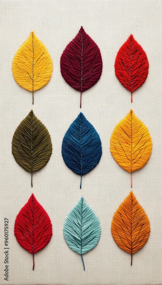 Fototapeta premium A vibrant display of colorful leaves arranged artistically, showcasing various textures and autumn shades on a neutral background.