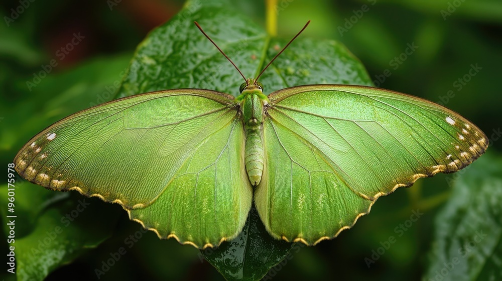 A close-up of a green butterfly resting on a leaf, its delicate wings spread wide to showcase its vibrant color. A close-up of a green butterfly resting on a leaf, its delicate wings spread wide to showcase its vibrant color.