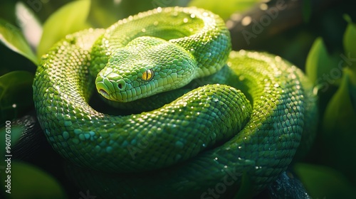 A close-up of a green snake coiled around a branch, with its scales glistening under soft, natural light.