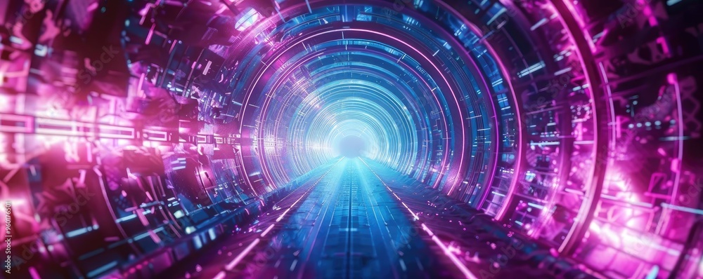 Fototapeta premium An abstract tunnel with glowing lights in pink and blue hues, representing a journey through futuristic technology.