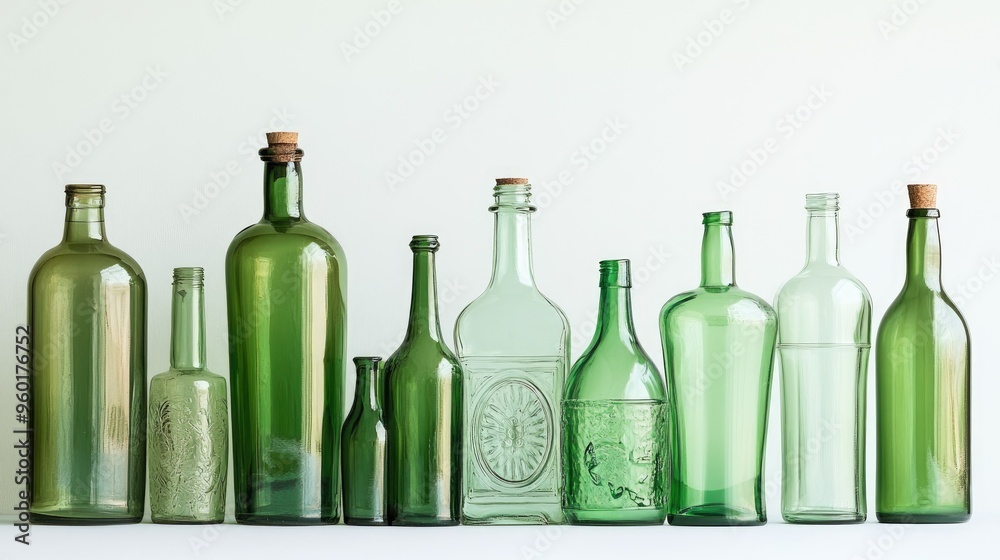 A collection of green glass bottles of various shapes and sizes, catching the light against a white background. A collection of green glass bottles of various shapes and sizes, catching the light against a white background.