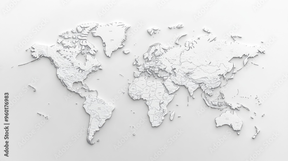 A crisp world map with clear landmasses and major countries outlined, set on a pure white background. A crisp world map with clear landmasses and major countries outlined, set on a pure white background.