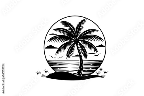 Coastal Coconut Tree Vector Silhouette with Sunset Over the Sea – Perfect for Beach-Themed Designs
