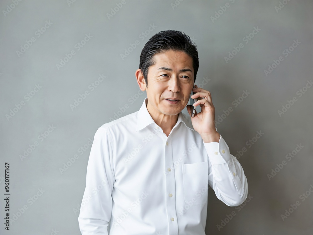 スマートフォンで通話をする50代日本人男性_03 スマートフォンで通話をする50代日本人男性_03