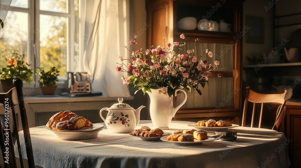 A cozy kitchen table set for breakfast, with a white tablecloth, freshly baked pastries, and a vase of flowers in the center, bathed in morning light.