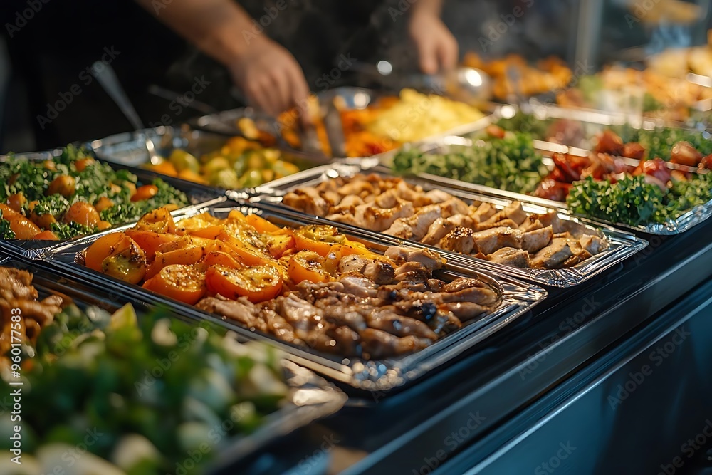 Photo of Grilled Chicken, Roasted Tomatoes and Various Side Dishes in a Buffet Line Photo of Grilled Chicken, Roasted Tomatoes and Various Side Dishes in a Buffet Line
