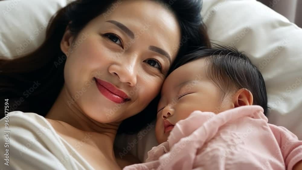 A beautiful young Mother kissing a healthy baby sleeping in bed A beautiful young Mother kissing a healthy baby sleeping in bed