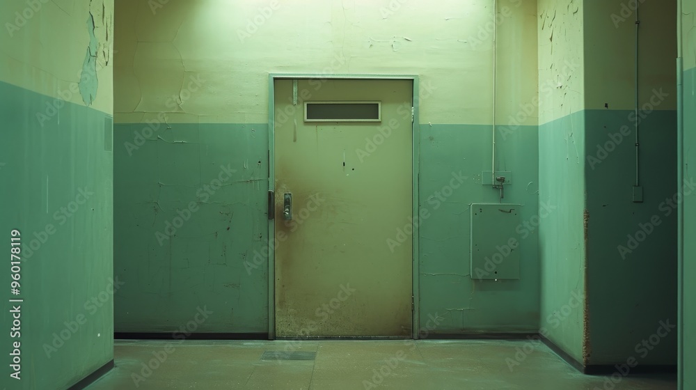 A deserted hallway with a closed, weathered door at the end. The dim lighting and peeling paint convey a sense of abandonment and mystery, suitable for themes of suspense and decay. A deserted hallway with a closed, weathered door at the end. The dim lighting and peeling paint convey a sense of abandonment and mystery, suitable for themes of suspense and decay.
