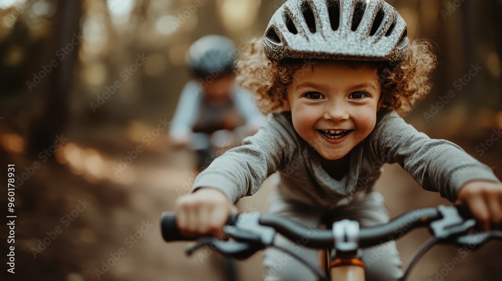 A young child with blonde curly hair rides a bike in the woods, capturing pure joy and excitement on their face, conveying a sense of freedom and adventure.