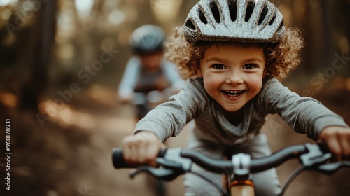 A young child with blonde curly hair rides a bike in the woods, capturing pure joy and excitement on their face, conveying a sense of freedom and adventure.