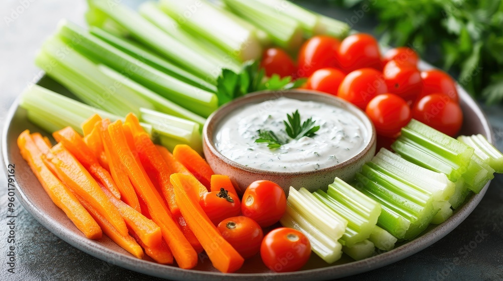 A fresh vegetable platter with celery, carrots, cherry tomatoes, and bell pepper strips, served with a healthy dip on the side. A fresh vegetable platter with celery, carrots, cherry tomatoes, and bell pepper strips, served with a healthy dip on the side.