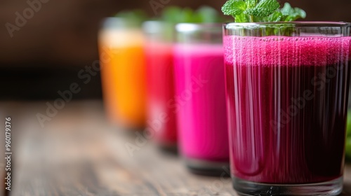 Vibrant glasses of various colored juices lined up, each topped with fresh mint leaves, ideal for showcasing refreshment and the appeal of detox drinks in a healthy diet. photo