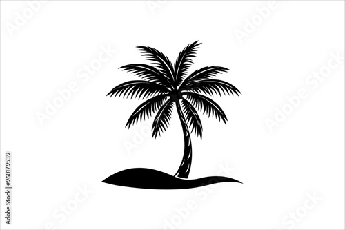 Coastal Coconut Tree Vector Silhouette with Sunset Over the Sea – Perfect for Beach-Themed Designs