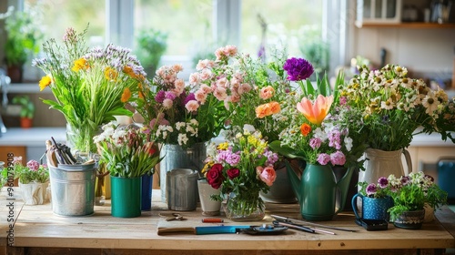 Wallpaper Mural A kitchen table covered in a variety of fresh flowers and gardening tools, creating a DIY floral arrangement scene. Torontodigital.ca