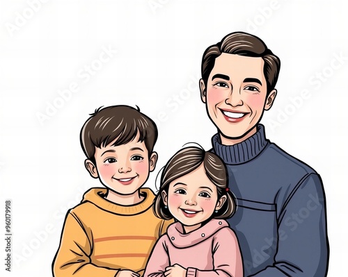 a cartoon of a man and two children are smiling. photo