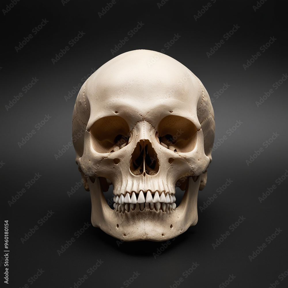 Front view of natural human skull on isolated black background Front view of natural human skull on isolated black background
