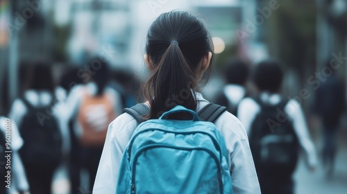 A girl with a ponytail hairstyle and blue backpack walks through a bustling city area, surrounded by other people, symbolizing the dynamism and rush of urban everyday life. photo