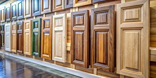 Wood cabinet door samples displayed in a row at market