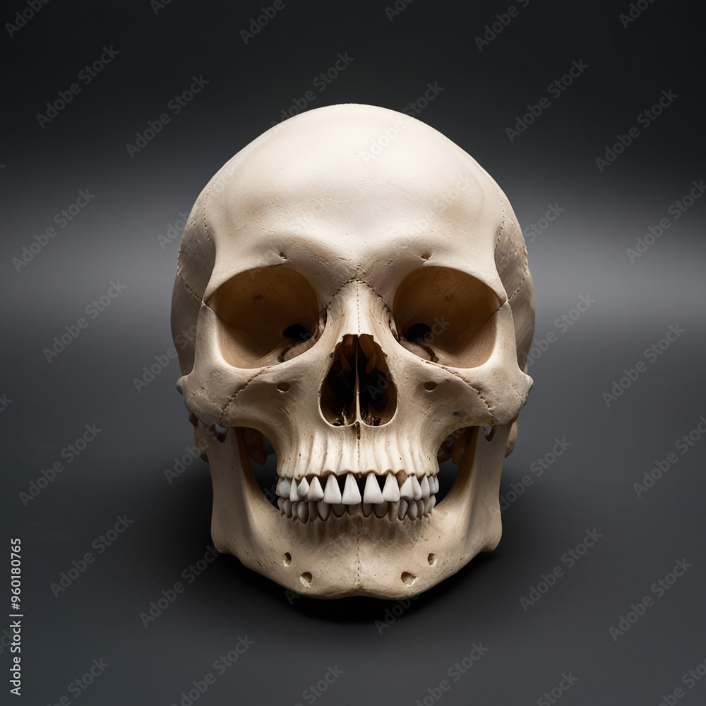 Fototapeta premium Front view of natural human skull on isolated black background