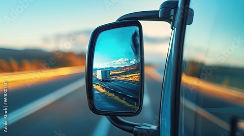 A truck's side mirror reflecting a scenic highway during sunset. photo