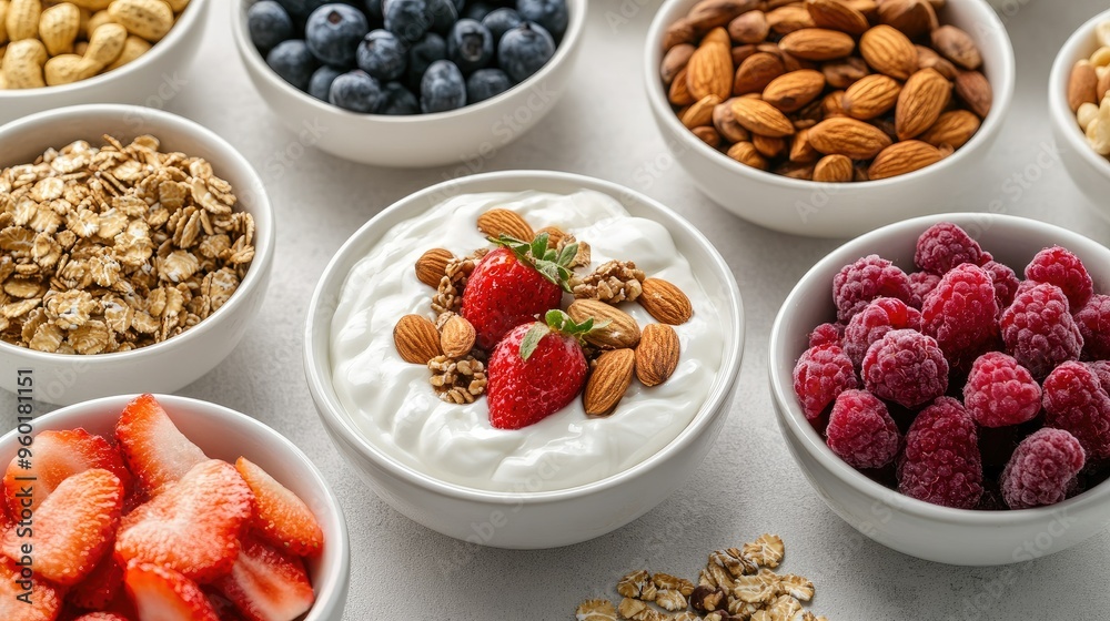A nutritious snack spread with bowls of mixed nuts, fresh fruit slices, yogurt, and granola, perfect for a midday energy boost. A nutritious snack spread with bowls of mixed nuts, fresh fruit slices, yogurt, and granola, perfect for a midday energy boost.