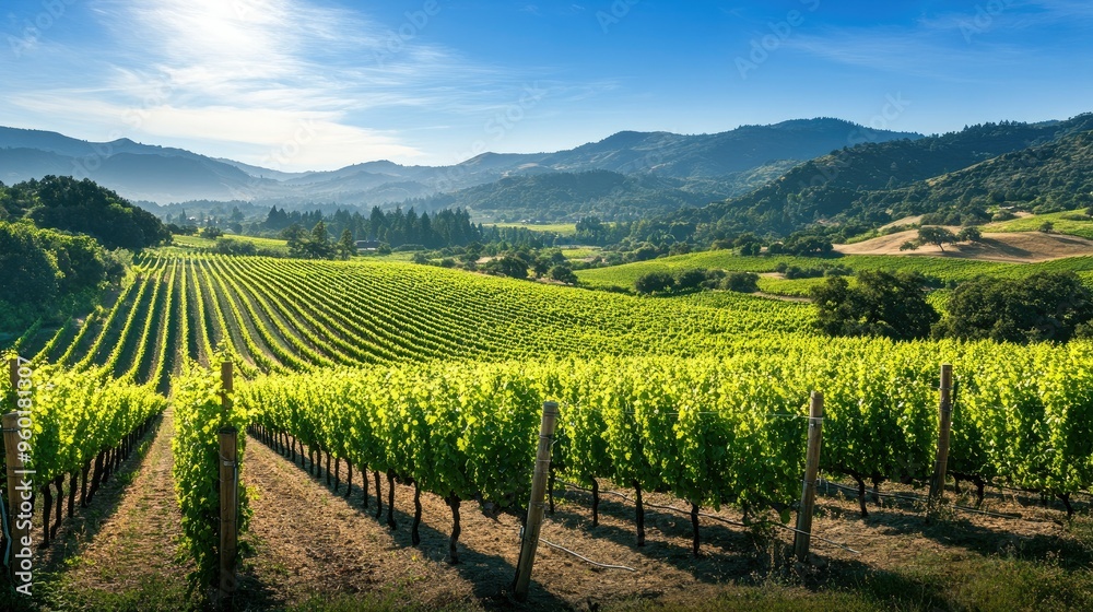 A picturesque view of a green vineyard stretching into the distance, with rows of grapevines under a clear, sunny sky. A picturesque view of a green vineyard stretching into the distance, with rows of grapevines under a clear, sunny sky.
