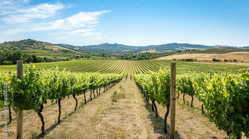 Naklejka premium A picturesque view of a green vineyard stretching into the distance, with rows of grapevines under a clear, sunny sky.