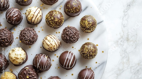 A playful arrangement of chocolate truffles with unique flavors, decorated with edible glitter and gold flakes, presented on a marble platter.