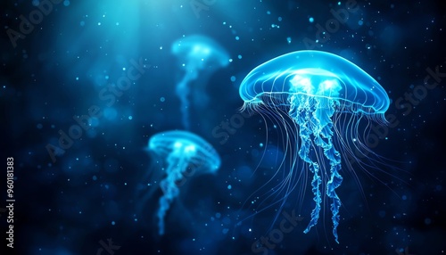 A tranquil underwater scene featuring glowing jellyfish drifting gracefully through dark blue waters.