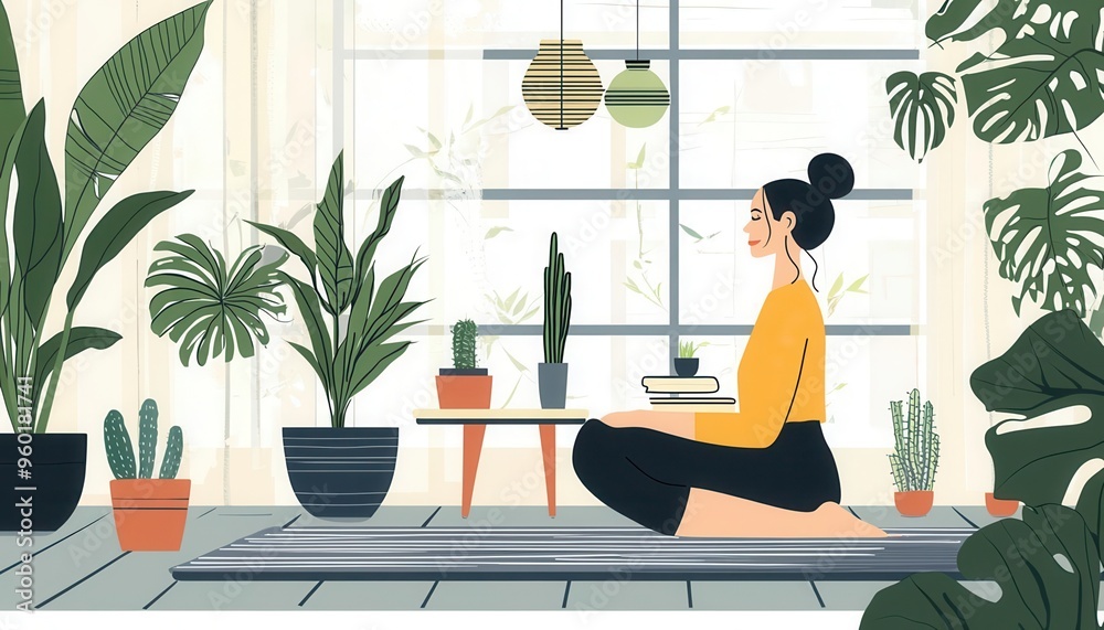Mindful living, serene and thoughtful lifestyle practices, flat design